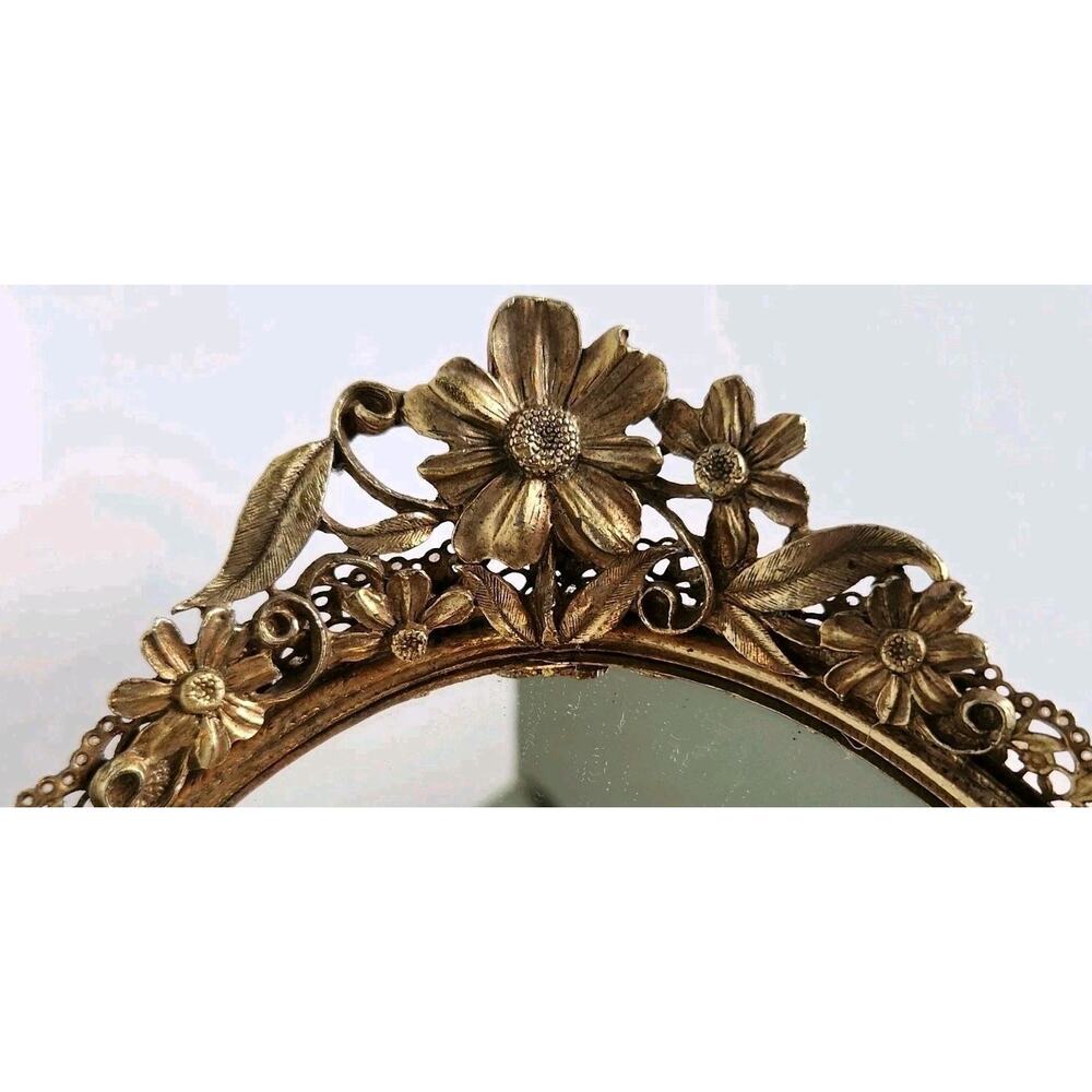 Vintage Matson Hollywood Regency Ormalu Filigree Vanity Mirror Gold Floral Daisy